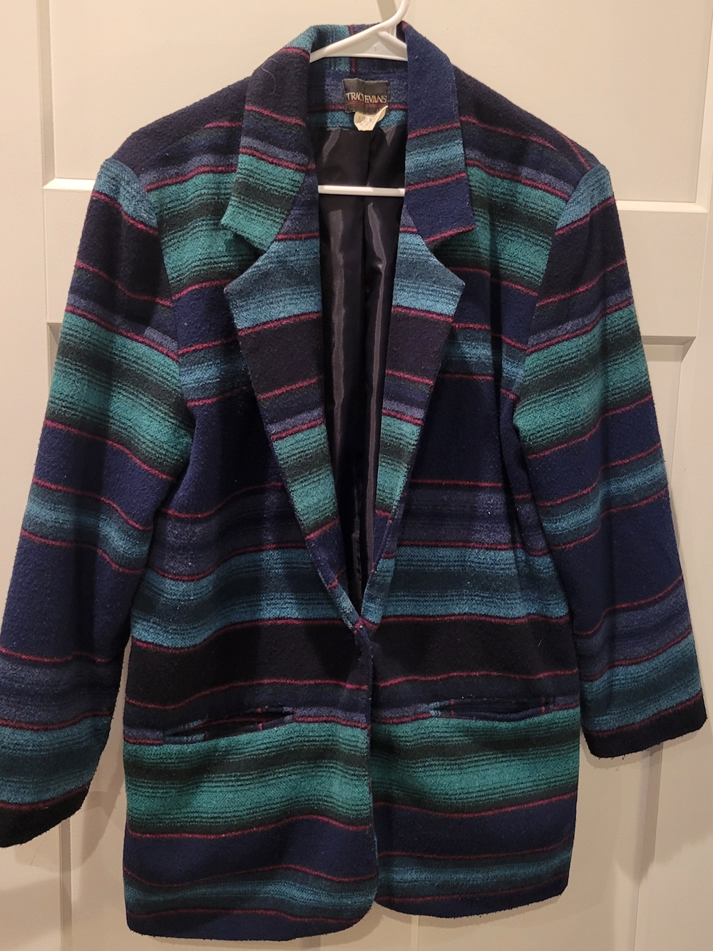 Tracy Evans Navy, Teal & Black Striped Blazer Vintage Western